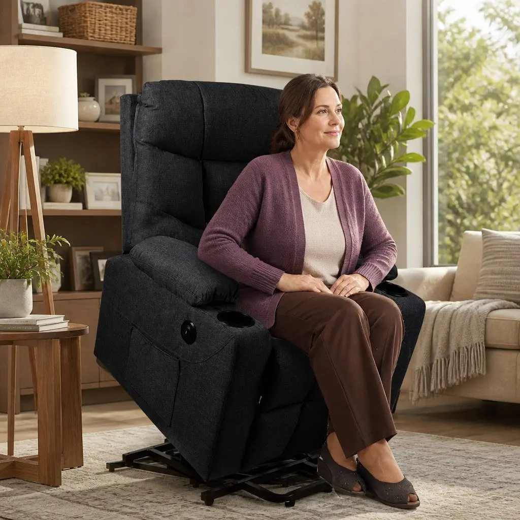 Electric Lift Recliner Chair Black Microfibre Wide Seat Adjustable Backrest