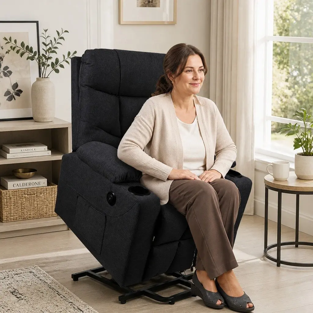 Electric Lift Recliner Chair Black Microfibre Wide Seat Adjustable Backrest