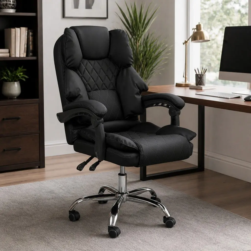 Gaming Chair Ergonomic PU Leather Black Reclining Height Adjustable