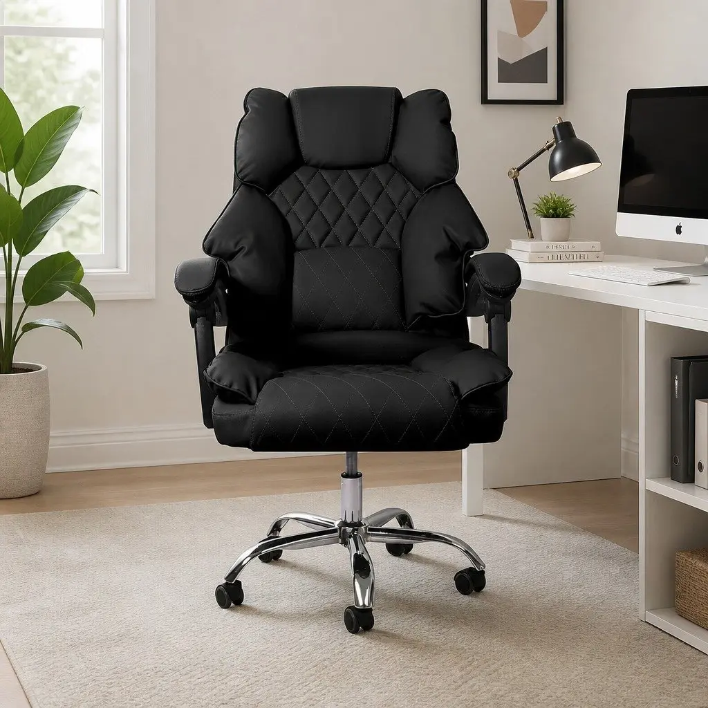 Gaming Chair Ergonomic PU Leather Black Reclining Height Adjustable