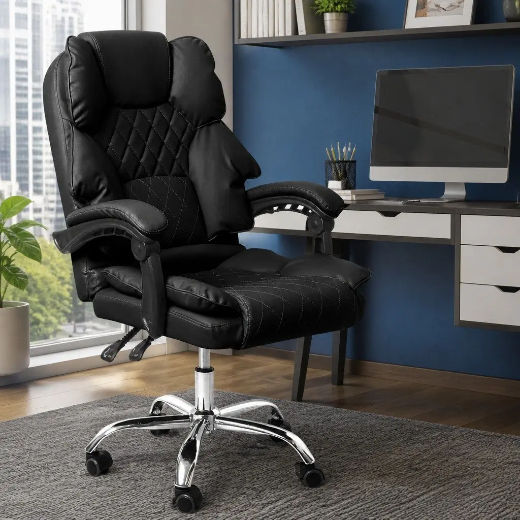 Gaming Chair Ergonomic PU Leather Black Reclining Height Adjustable