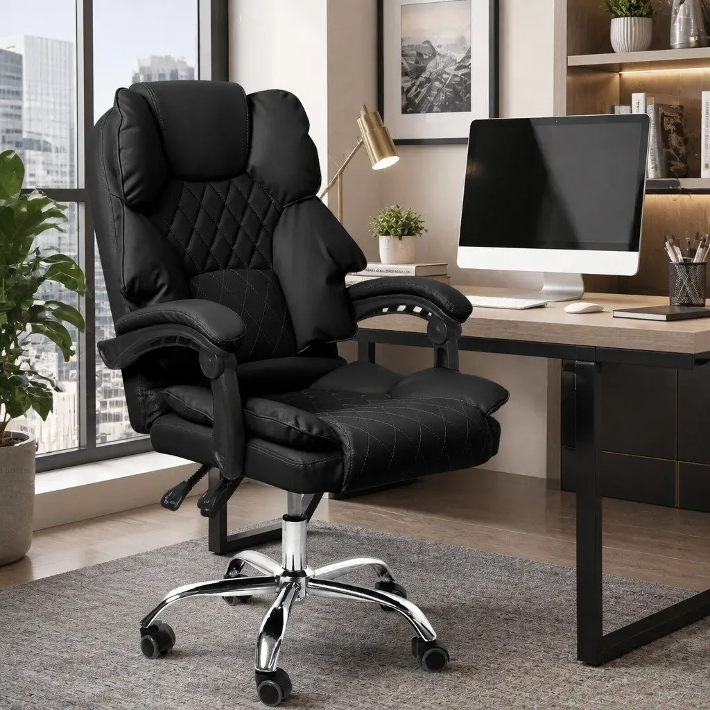 Gaming Chair Ergonomic PU Leather Black Reclining Height Adjustable