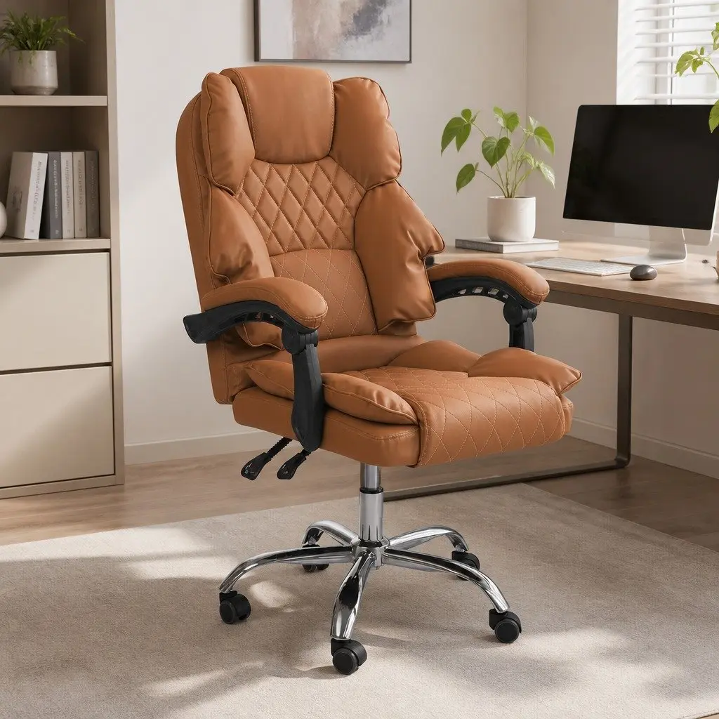 Gaming Chair PU Leather Brown High Wide Backrest Adjustable Height 360 Degree Rotation No Footrest