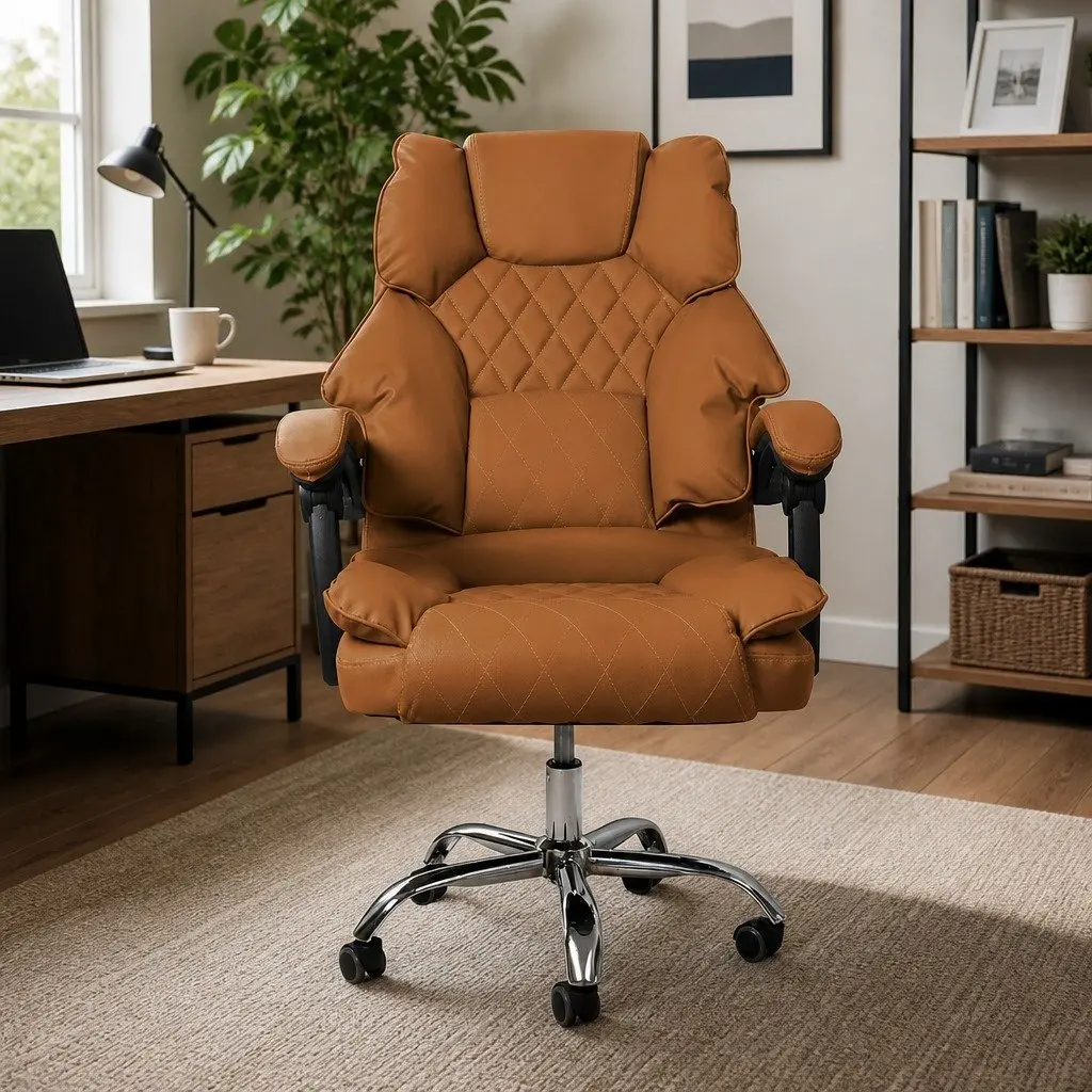 Gaming Chair PU Leather Brown High Wide Backrest Adjustable Height 360 Degree Rotation No Footrest