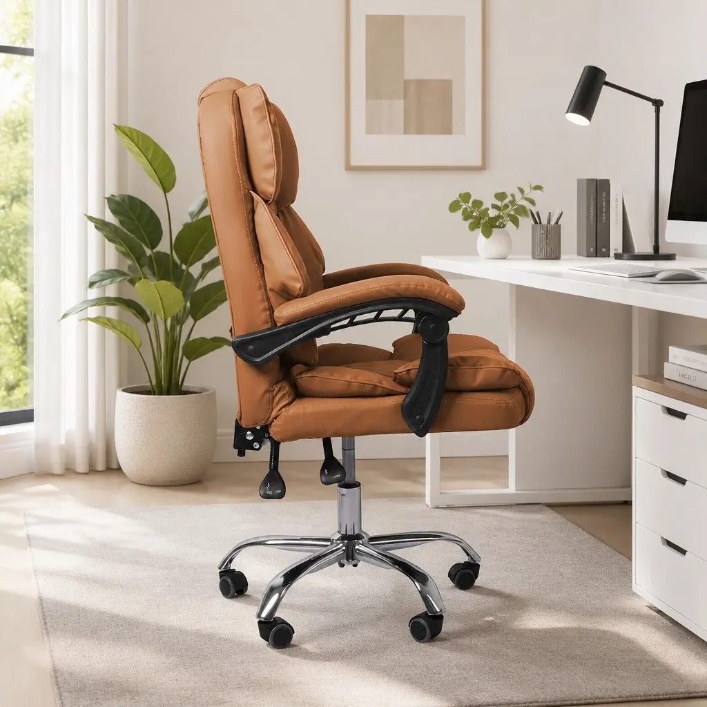 Gaming Chair PU Leather Brown High Wide Backrest Adjustable Height 360 Degree Rotation No Footrest