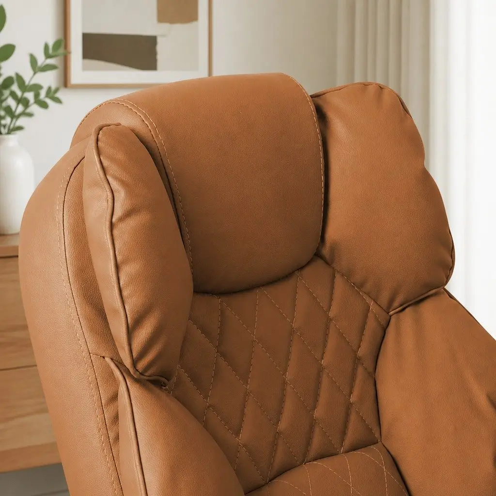 Gaming Chair PU Leather Brown High Wide Backrest Adjustable Height 360 Degree Rotation No Footrest