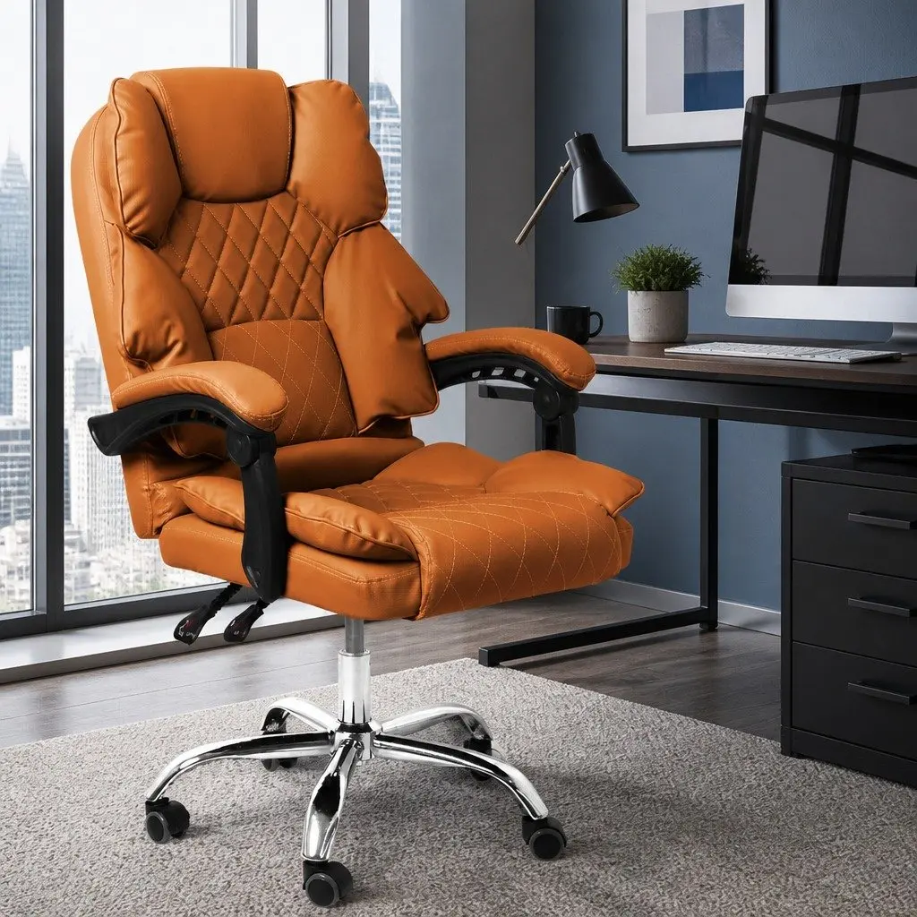 Gaming Chair PU Leather Brown High Wide Backrest Adjustable Height 360 Degree Rotation No Footrest