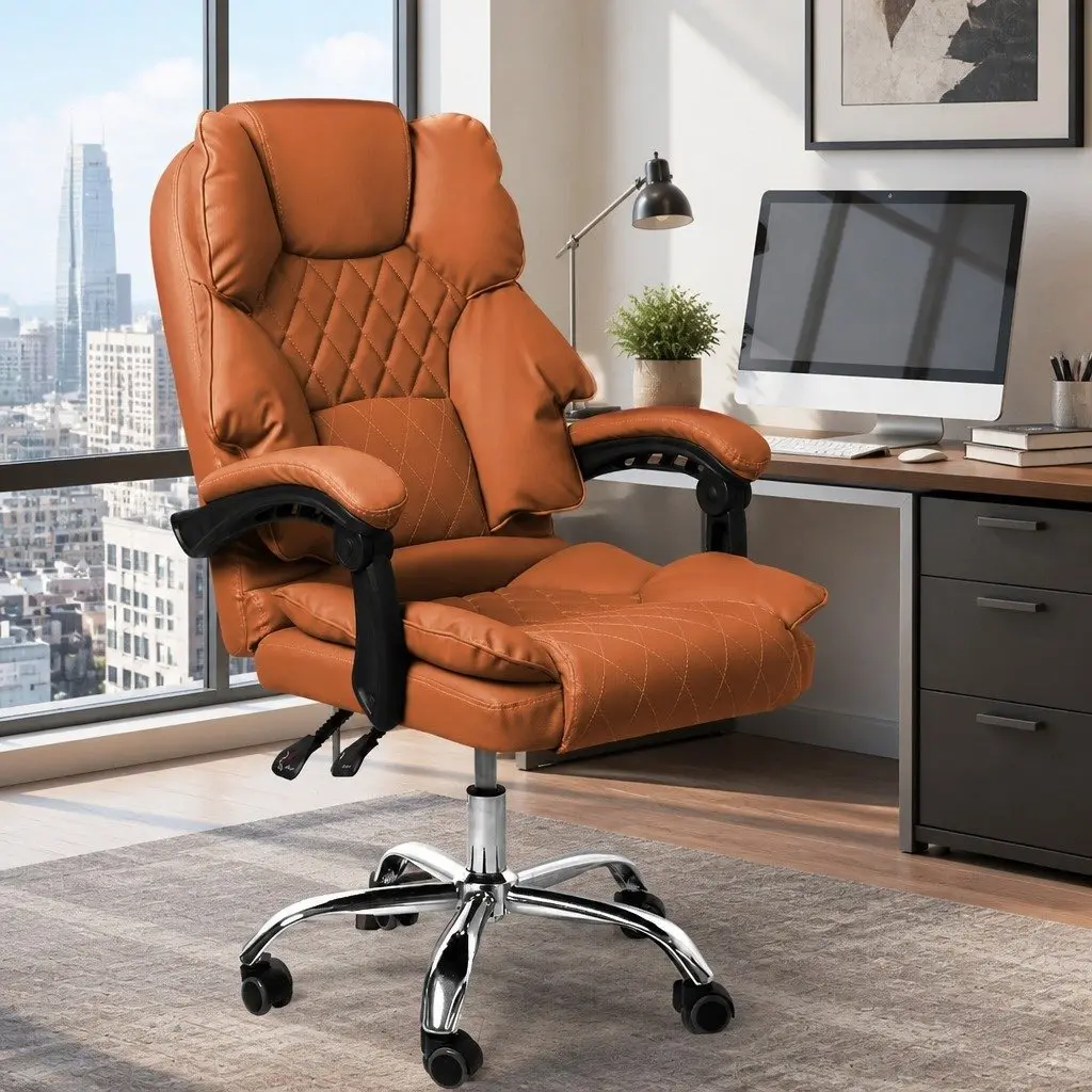 Gaming Chair PU Leather Brown High Wide Backrest Adjustable Height 360 Degree Rotation No Footrest