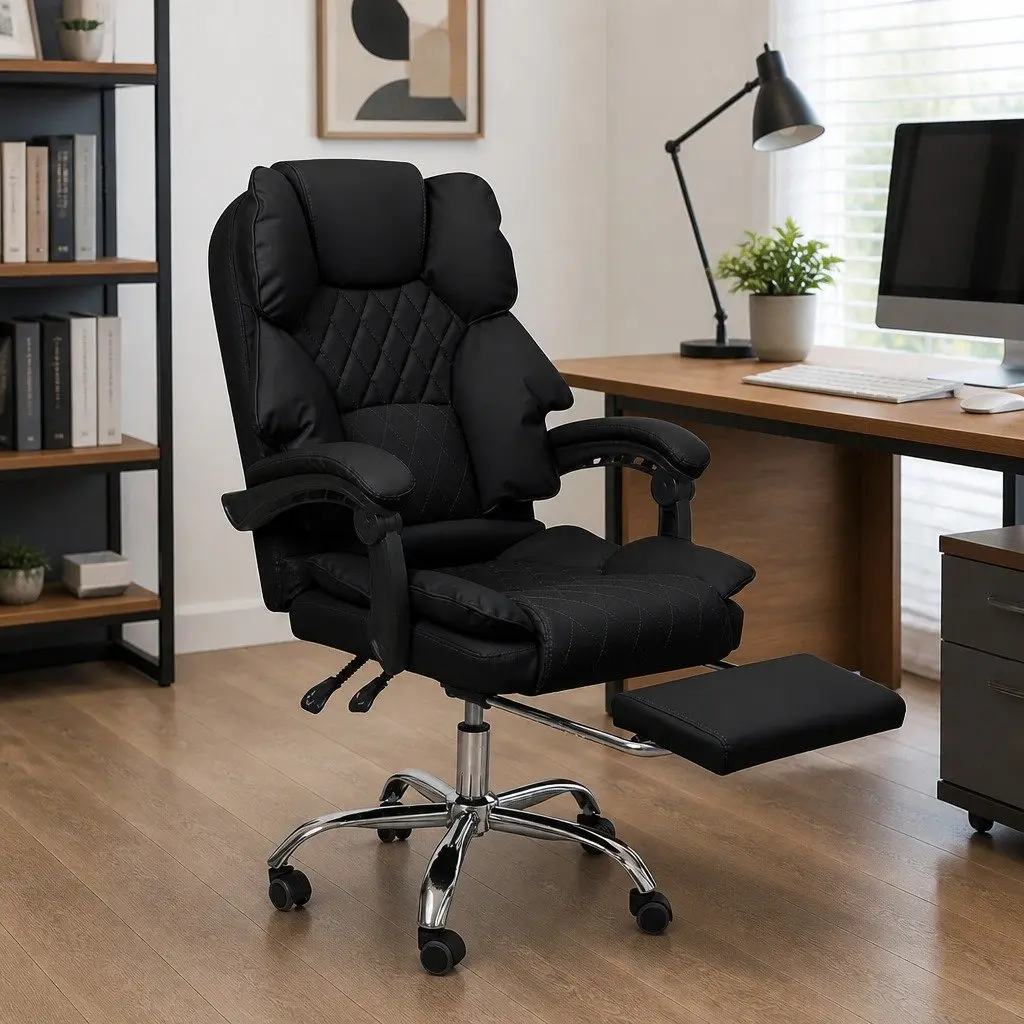 Gaming Office Chair Ergonomic PU Leather Black Adjustable Height with Reclining Footrest