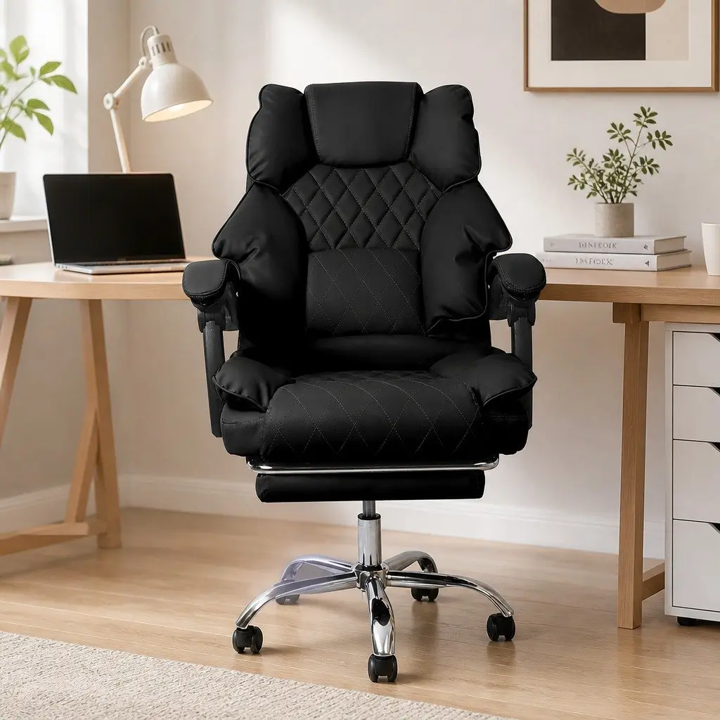 Gaming Office Chair Ergonomic PU Leather Black Adjustable Height with Reclining Footrest