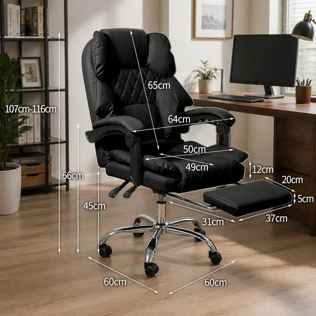 Gaming Office Chair Ergonomic PU Leather Black Adjustable Height with Reclining Footrest