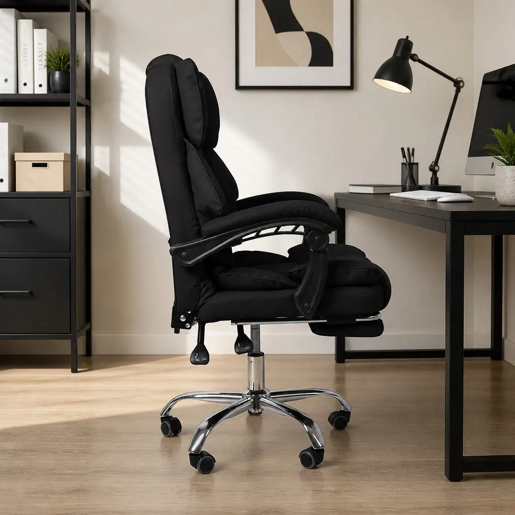 Gaming Office Chair Ergonomic PU Leather Black Adjustable Height with Reclining Footrest