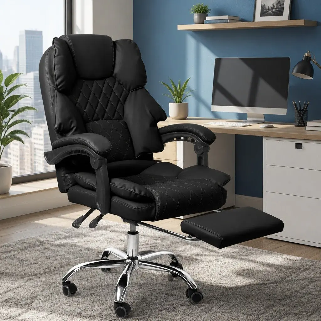 Gaming Office Chair Ergonomic PU Leather Black Adjustable Height with Reclining Footrest