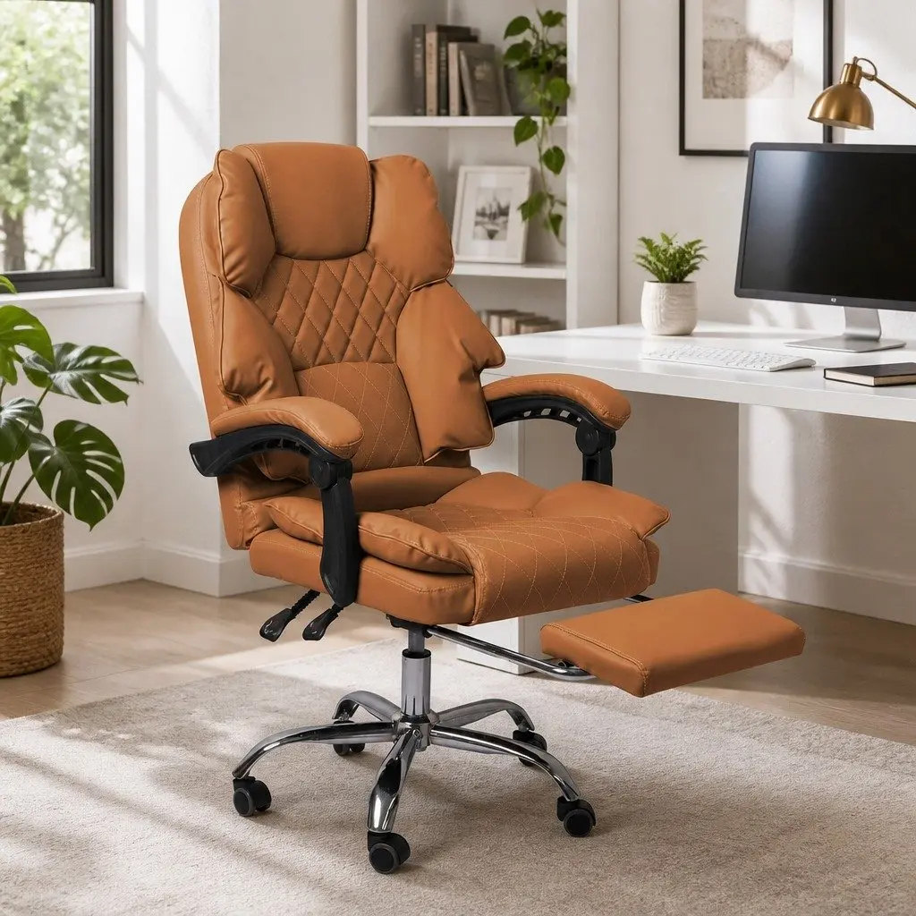 Gaming Chair Ergonomic PU Leather Brown Adjustable Reclining Footrest 60cm W x 60cm D x 107116cm H
