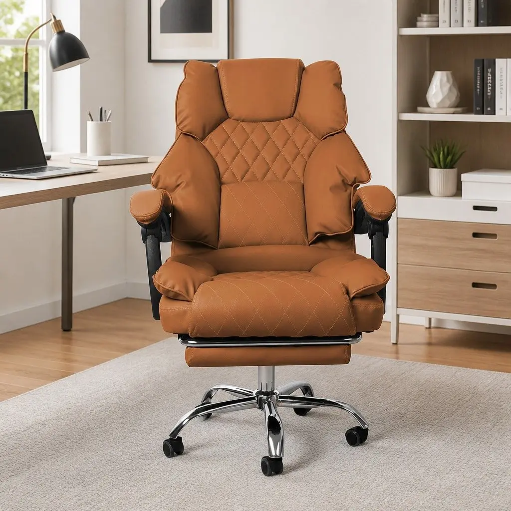 Gaming Chair Ergonomic PU Leather Brown Adjustable Reclining Footrest 60cm W x 60cm D x 107116cm H
