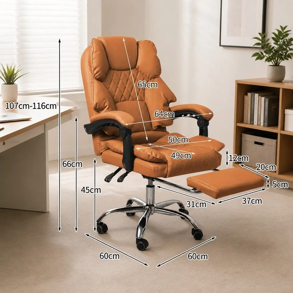 Gaming Chair Ergonomic PU Leather Brown Adjustable Reclining Footrest 60cm W x 60cm D x 107116cm H