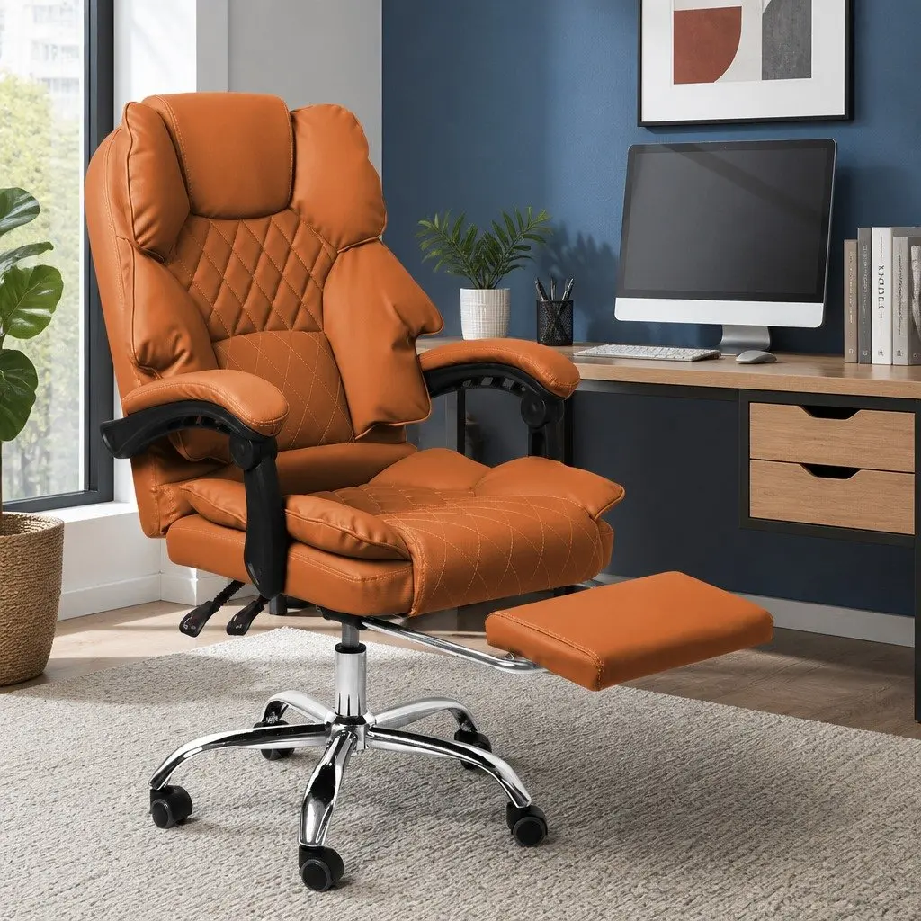 Gaming Chair Ergonomic PU Leather Brown Adjustable Reclining Footrest 60cm W x 60cm D x 107116cm H