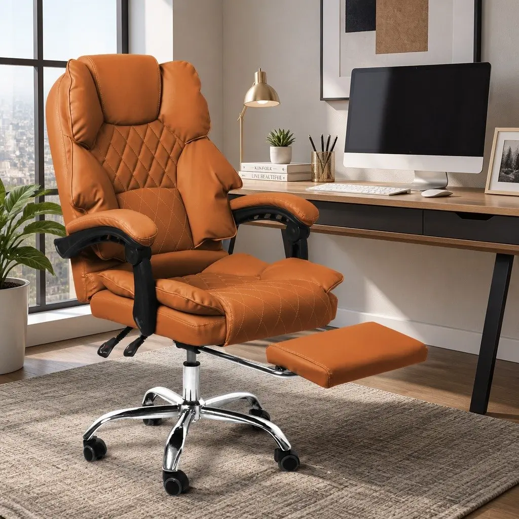 Gaming Chair Ergonomic PU Leather Brown Adjustable Reclining Footrest 60cm W x 60cm D x 107116cm H