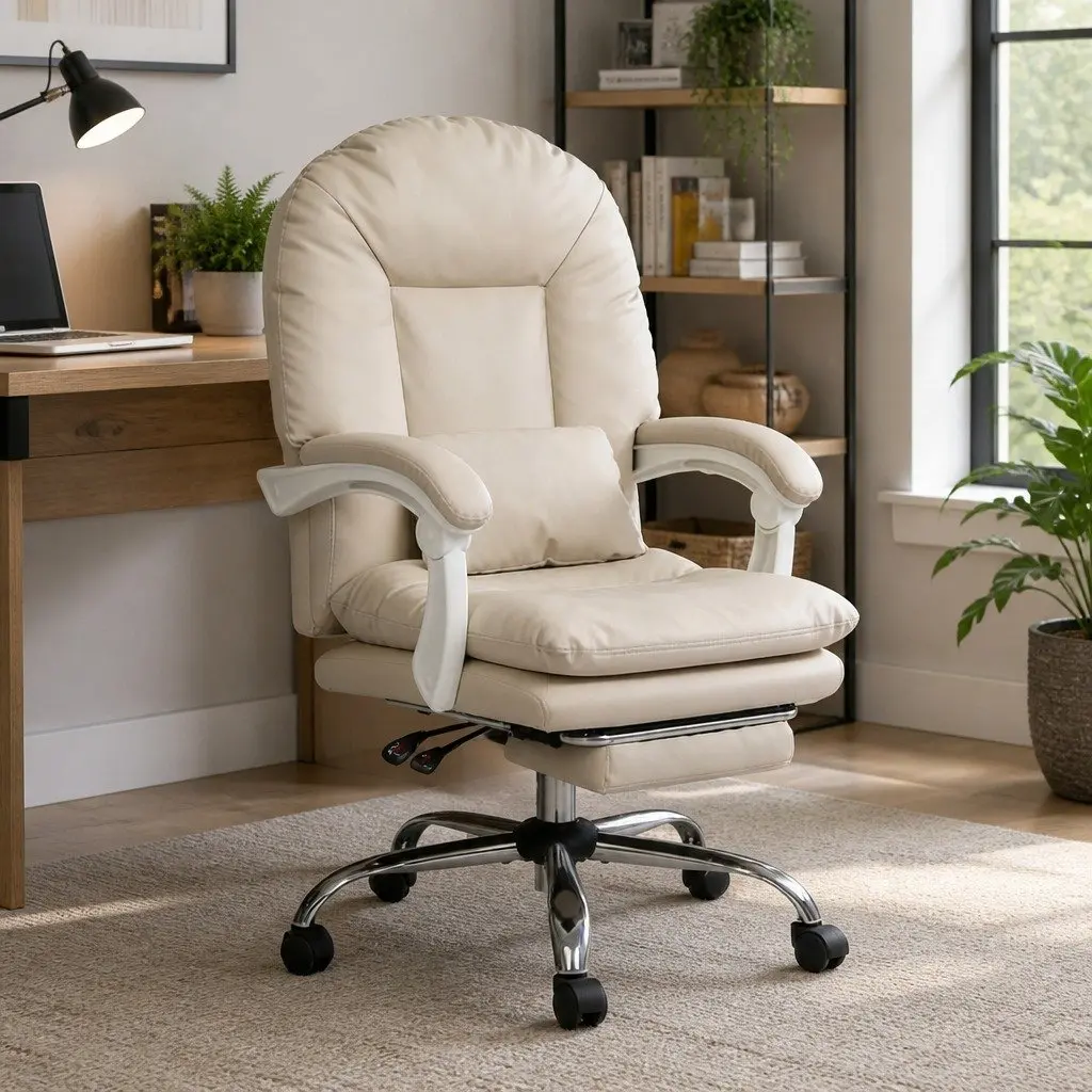Executive Office Chair High Back Ergonomic Reclining with Footrest Beige