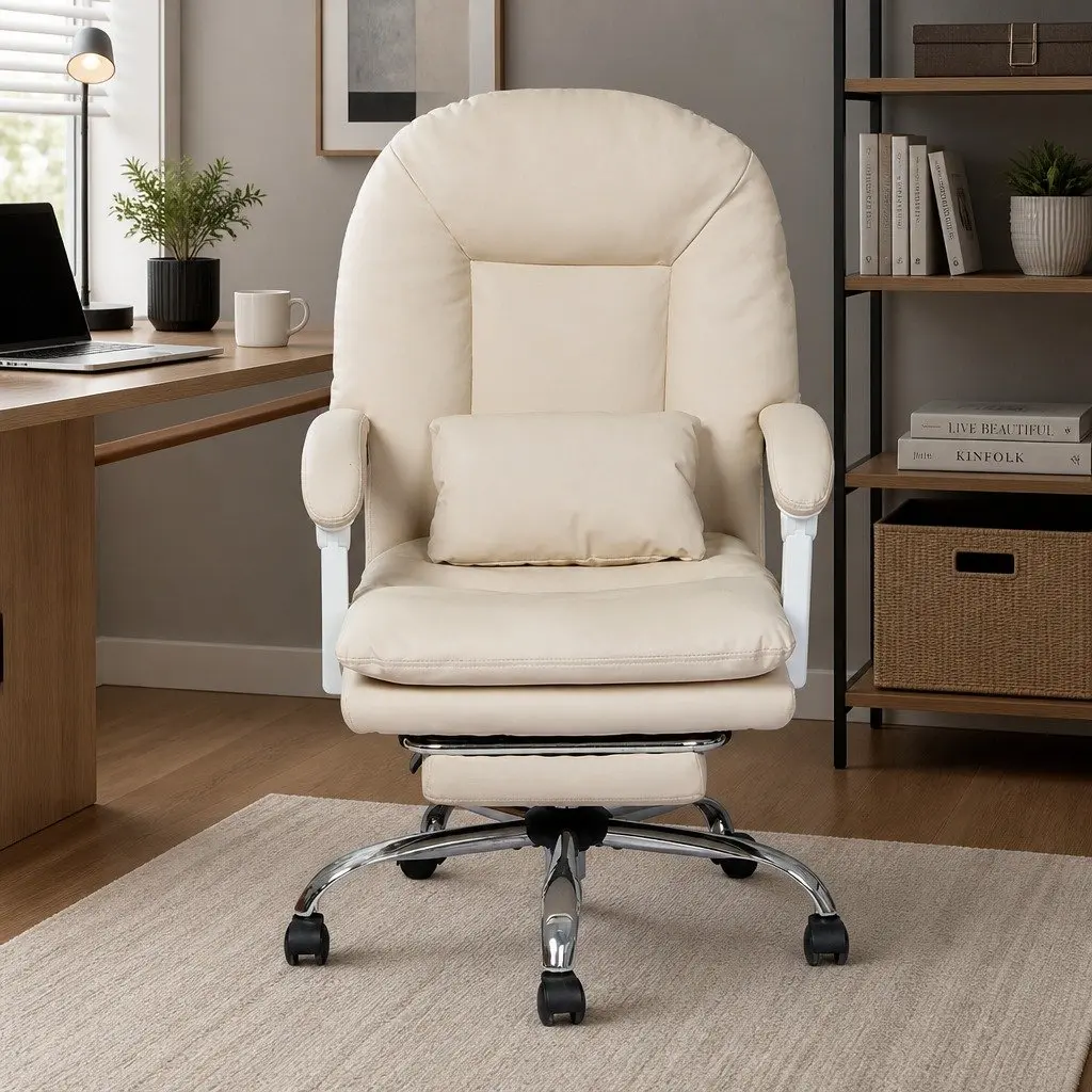 Executive Office Chair High Back Ergonomic Reclining with Footrest Beige