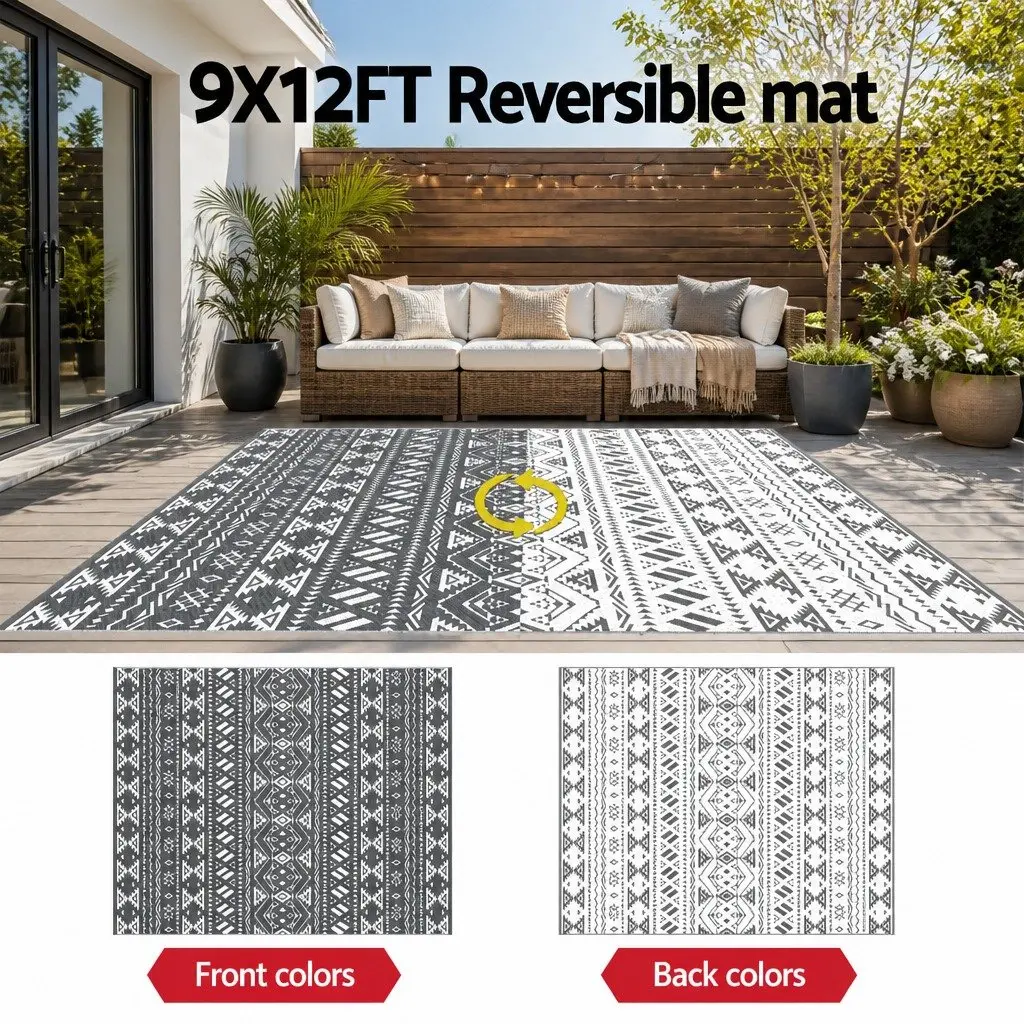 Outdoor Reversible Area Rug 274x366cm Grey Large Patio Carpet Dual-Sided