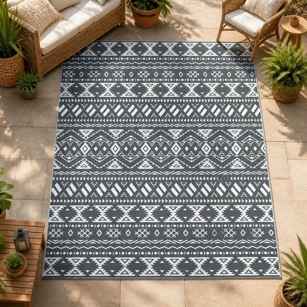 Outdoor Reversible Area Rug 274x366cm Grey Large Patio Carpet Dual-Sided