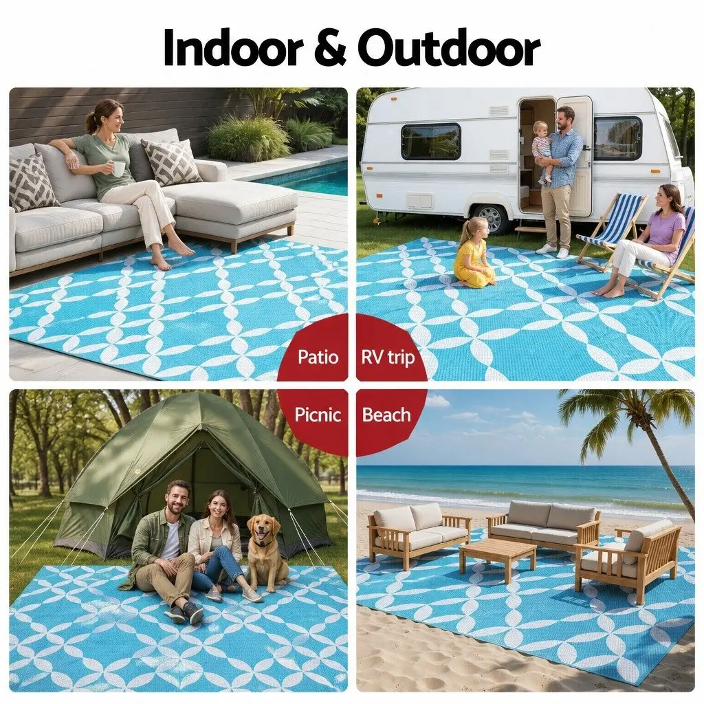 Outdoor Rug Reversible Dual-Sided Large Mat Portable Garden 274 x 366 cm