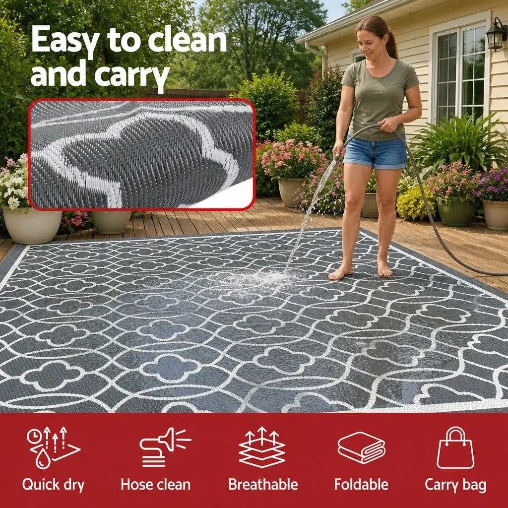 Outdoor Rug Reversible Dual-Sided 274x366cm Large Grey Carpet