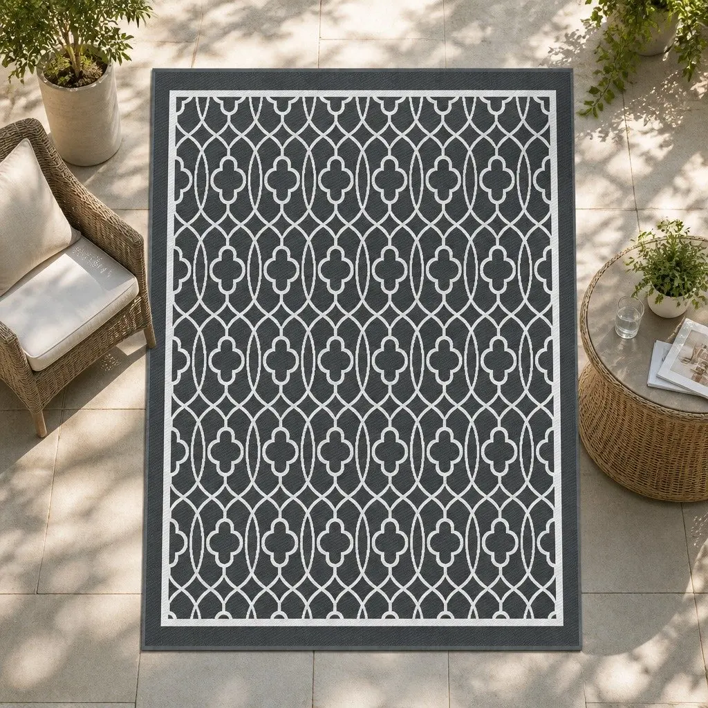 Outdoor Rug Reversible Dual-Sided 274x366cm Large Grey Carpet