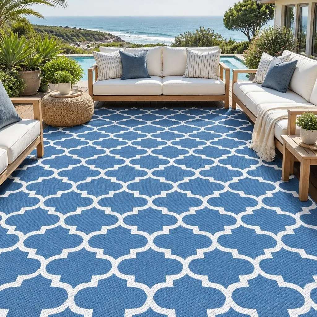 Outdoor Reversible Area Rug 274x366cm Large Dual-Sided Patio Mat Blue PP Carpet
