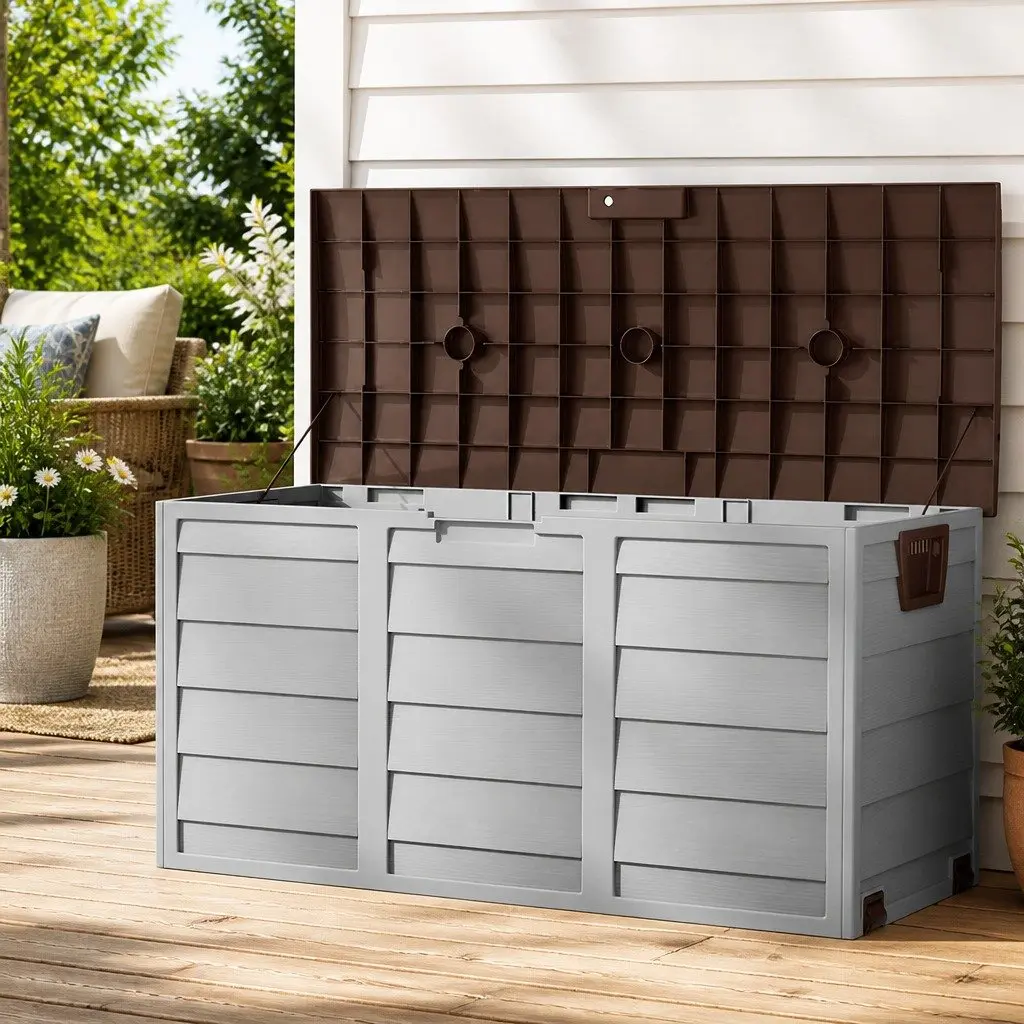 Outdoor Storage Box 290L Lockable Organiser Garden Deck Shed Tool Brown Wheels