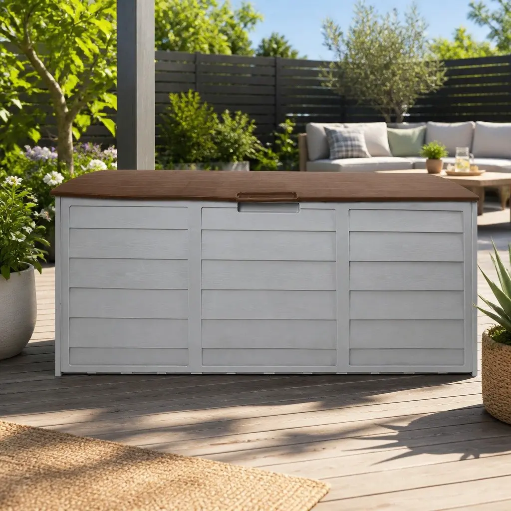 Outdoor Storage Box 290L Lockable Organiser Garden Deck Shed Tool Brown Wheels