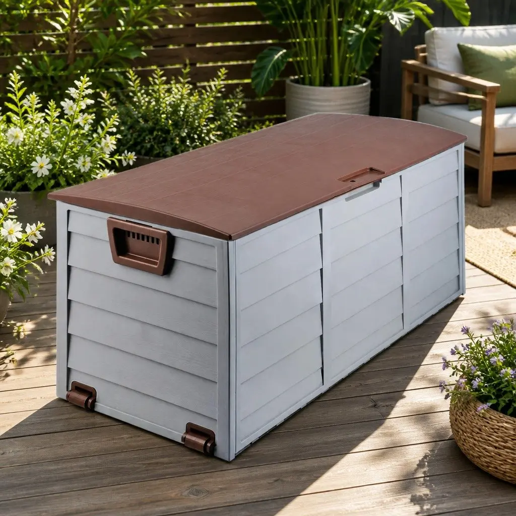 Outdoor Storage Box 290L Lockable Organiser Garden Deck Shed Tool Brown Wheels