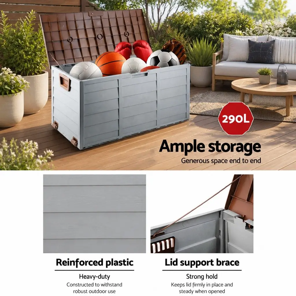 Outdoor Storage Box 290L Lockable Organiser Garden Deck Shed Tool Brown Wheels