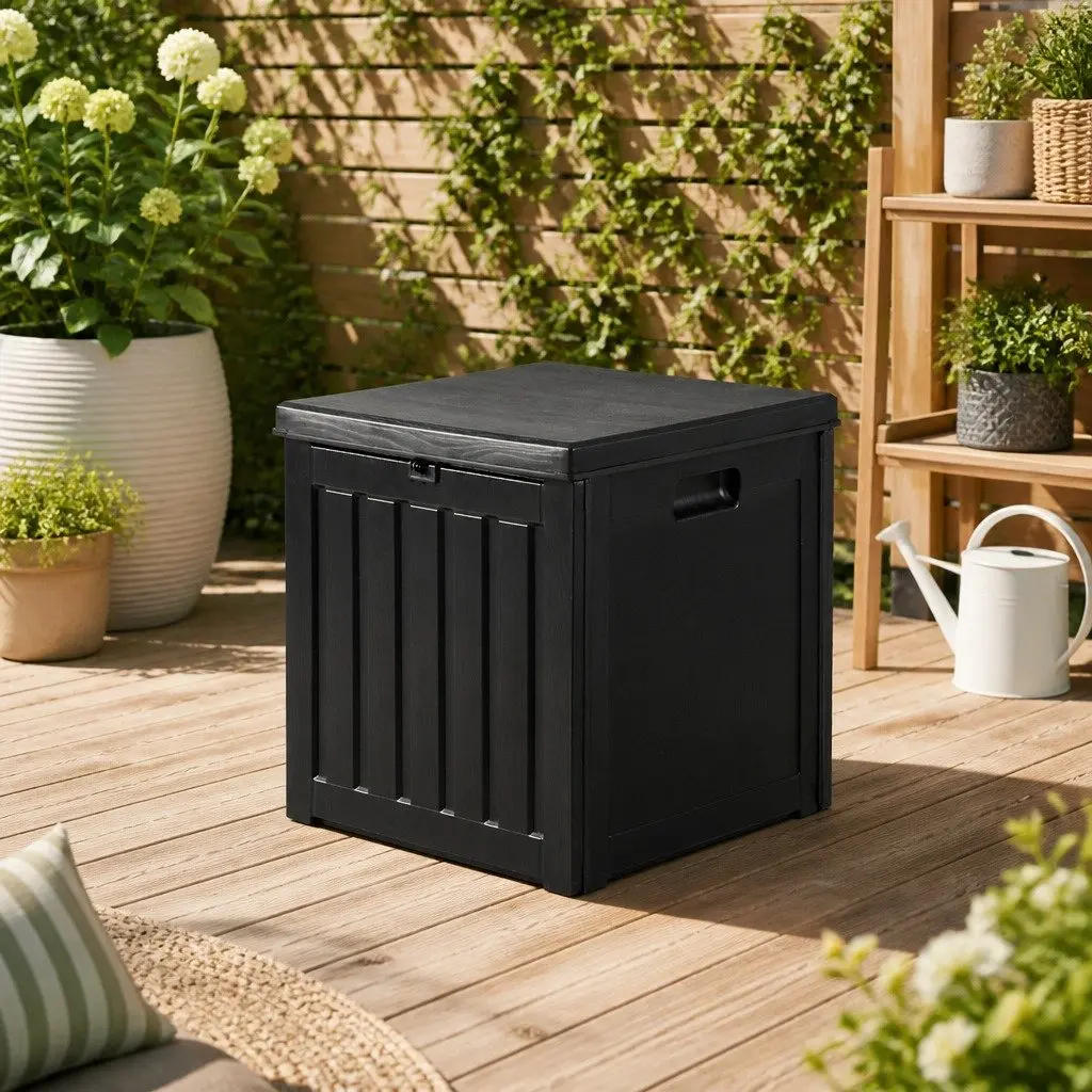 Outdoor Storage Box 80L Lockable Container Garden Toy Tool Shed Bench Seat Black
