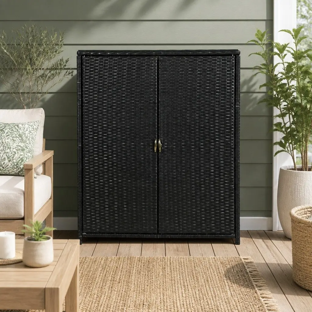 Outdoor Storage Cabinet Wicker Shelf Chest Box Garden Shed Tools Organizer Black