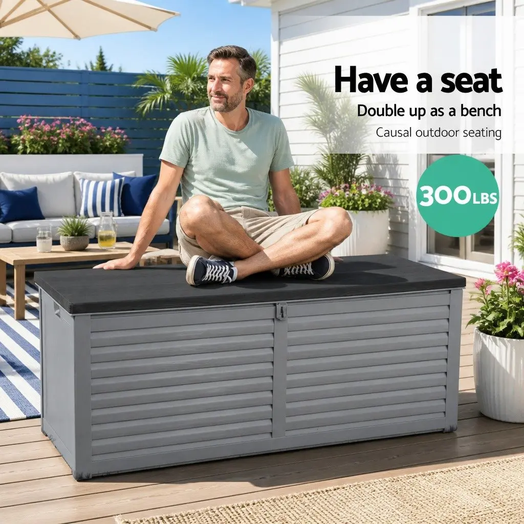 Outdoor Storage Box 390L Lockable Garden Bench Container Tools Shed Grey