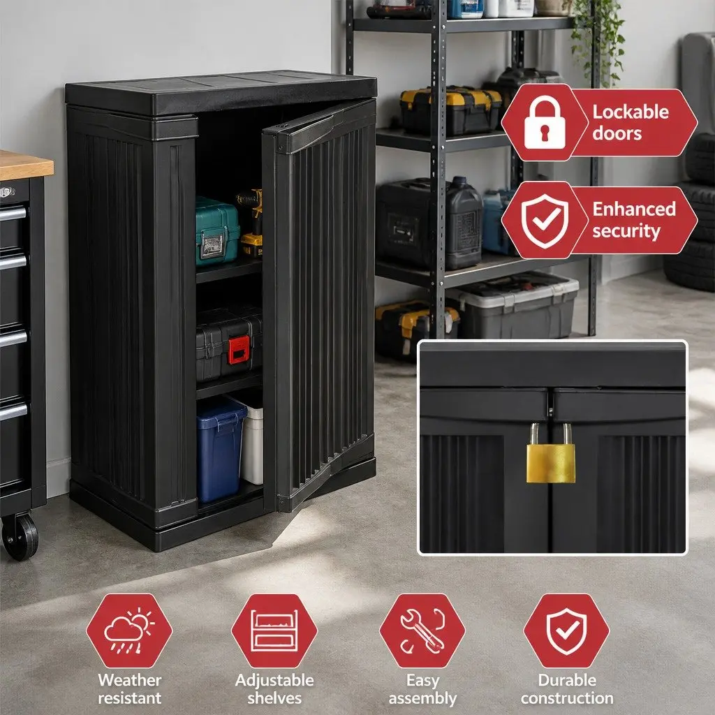 Outdoor Storage Cabinet 92cm Tall Lockable Cupboard Adjustable Shelves Garage