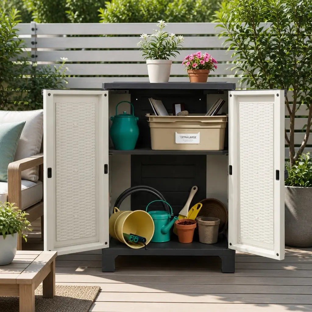 Outdoor Storage Cabinet 92cm Lockable Cupboard Adjustable Shelf Beige Rattan Box