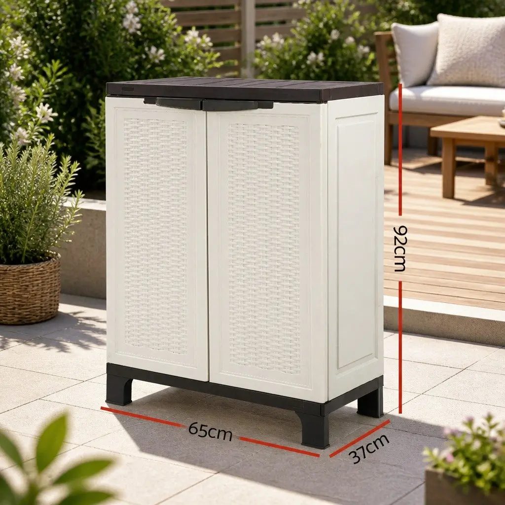 Outdoor Storage Cabinet 92cm Lockable Cupboard Adjustable Shelf Beige Rattan Box