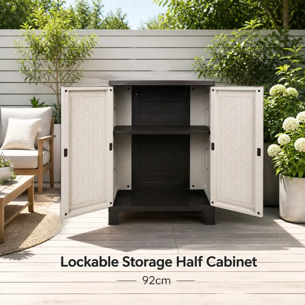 Outdoor Storage Cabinet 92cm Lockable Cupboard Adjustable Shelf Beige Rattan Box