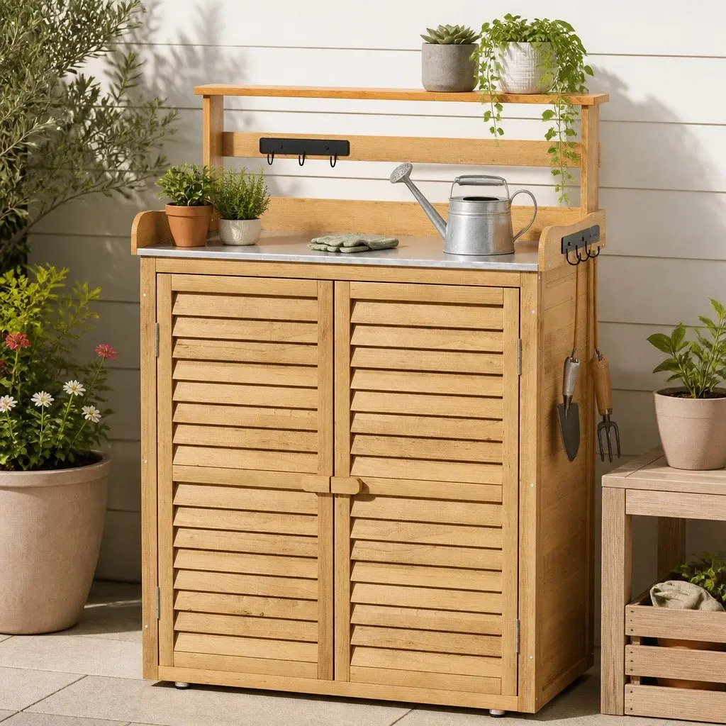 Outdoor Storage Cabinet Potting Bench Garden Shed 2-in-1 Workbench Shelving Unit