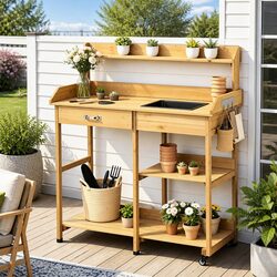 Outdoor Potting Bench Garden Workstation Storage Cabinet with Drawers Wheels