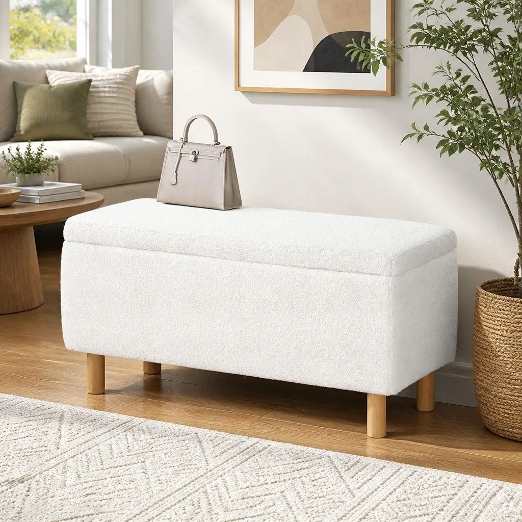 Storage Ottoman Blanket Box 99cm White Upholstered Boucle Fabric Footstool Seat