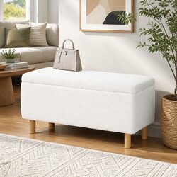 Storage Ottoman Blanket Box 99cm White Upholstered Boucle Fabric Footstool Seat
