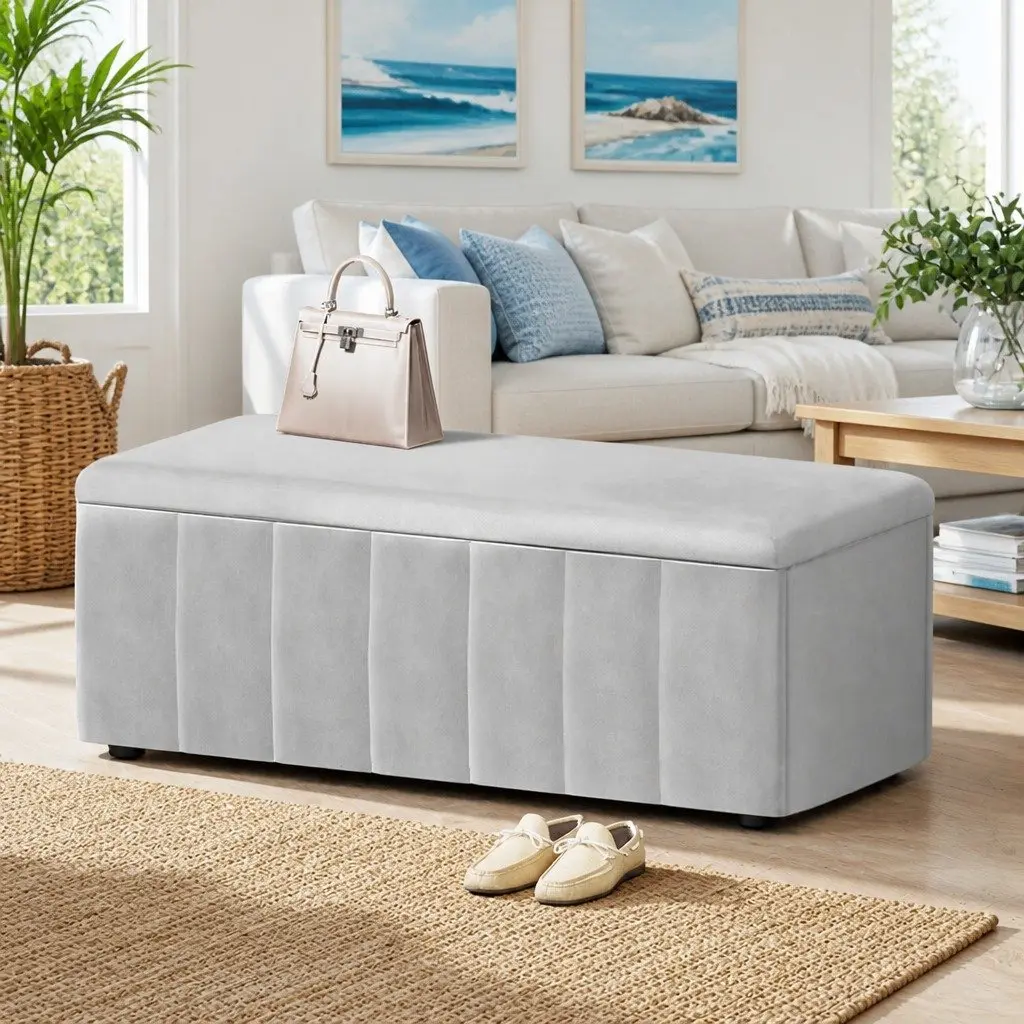 Storage Ottoman in Grey Velvet 103cm