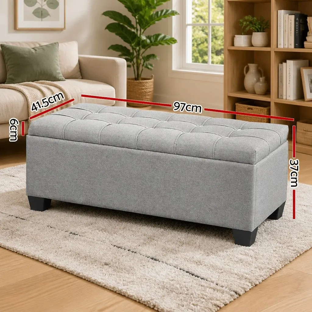 Storage Ottoman Blanket Box 97cm Button Tufted Light Grey Lift-Up Lid Footstool