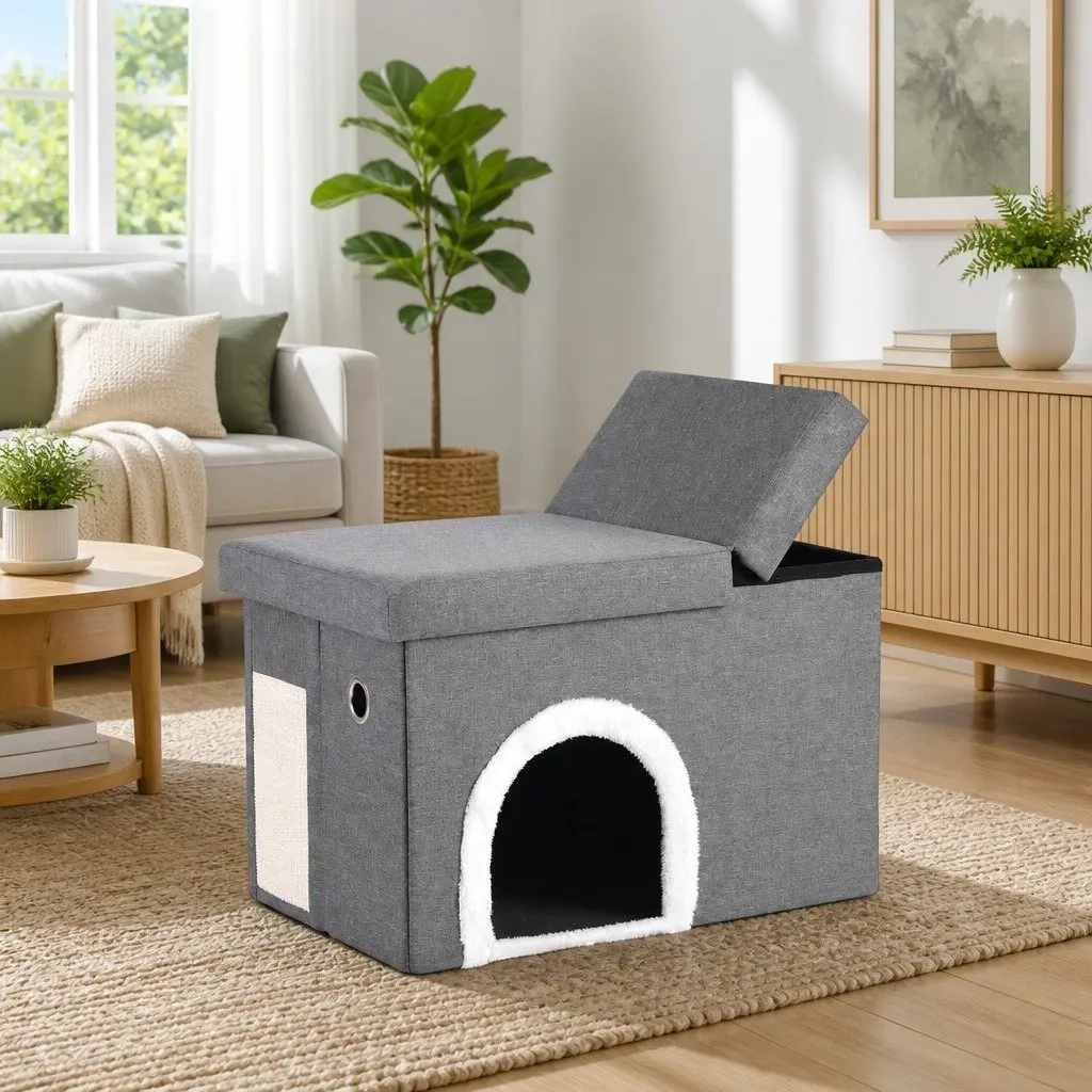 Storage Ottoman Cat Litter Box Enclosure Foldable Grey 64cm L x 40cm W x 40.5cm H