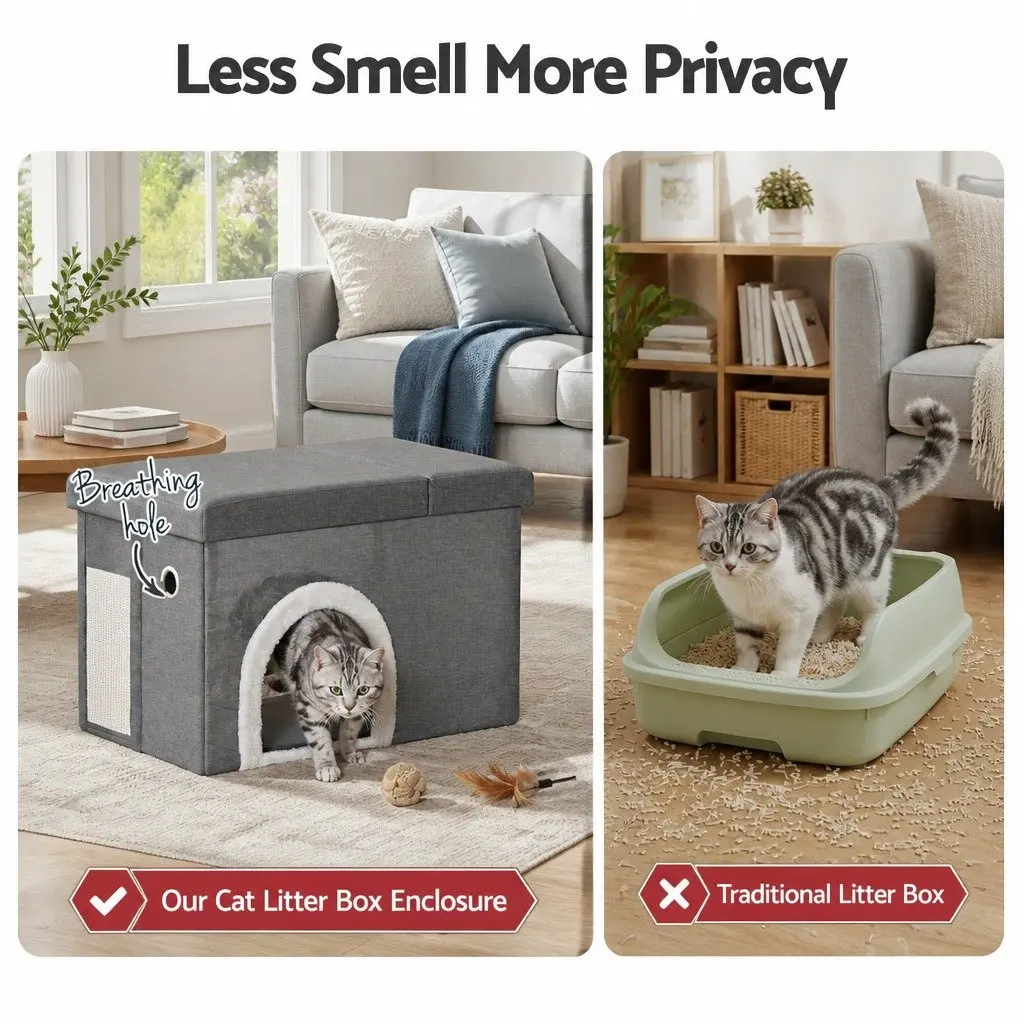 Storage Ottoman Cat Litter Box Enclosure Foldable Grey 64cm L x 40cm W x 40.5cm H
