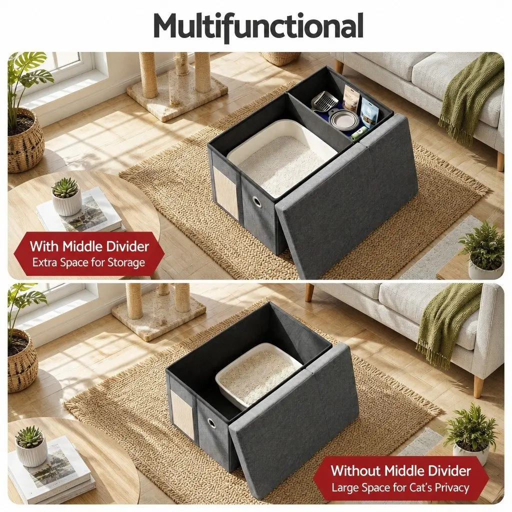 Storage Ottoman Cat Litter Box Enclosure Foldable Grey 64cm L x 40cm W x 40.5cm H